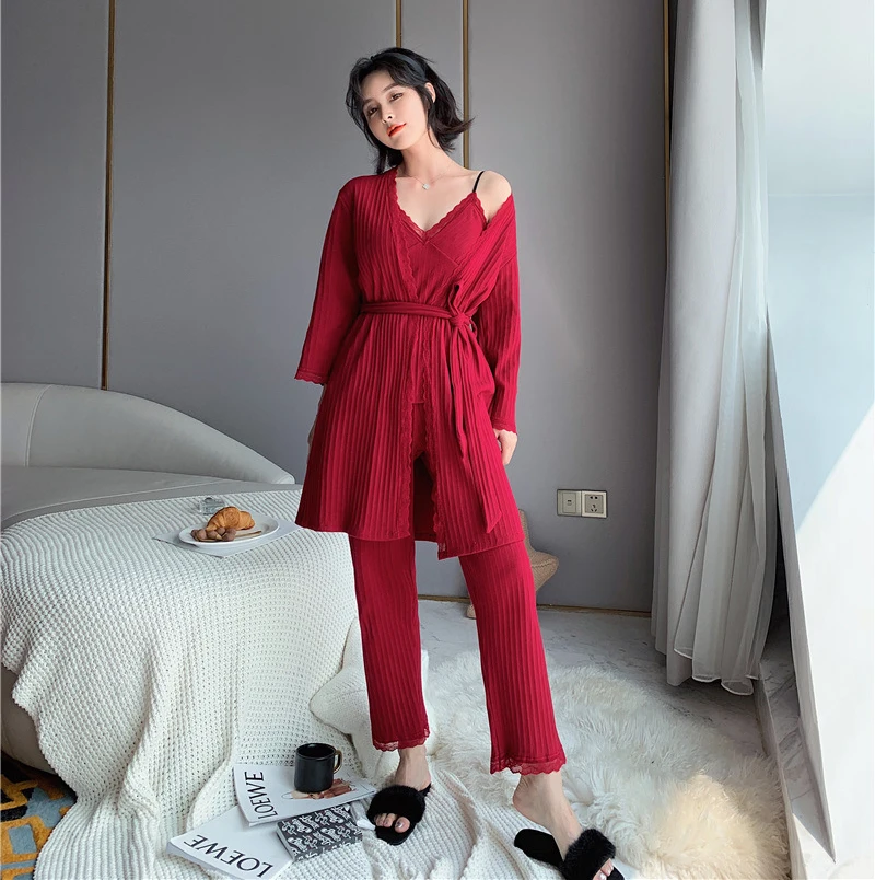 Сексуальный женский халат пижама 3 шт. ремень топ брюки костюм одежда для сна