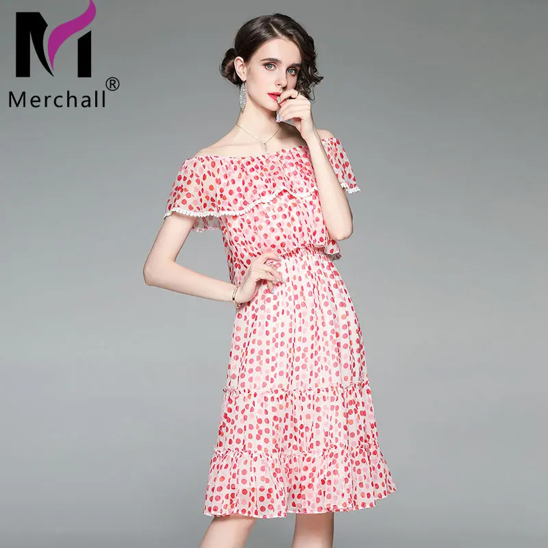 

Summer Chiffon Off Shoulder Dress Female Polka Dot Ruffled Sleeve Elastic Waist Midi Dress 2021 Woman Holiday Clothing M58306