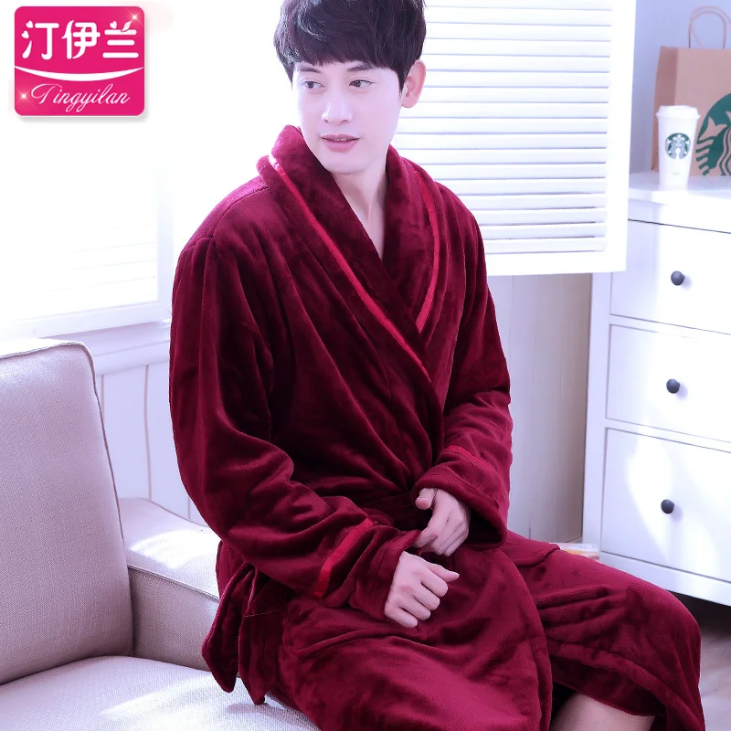 H5979 мужской халат толстый фланелевый теплый осень зима длинный рукав пижама