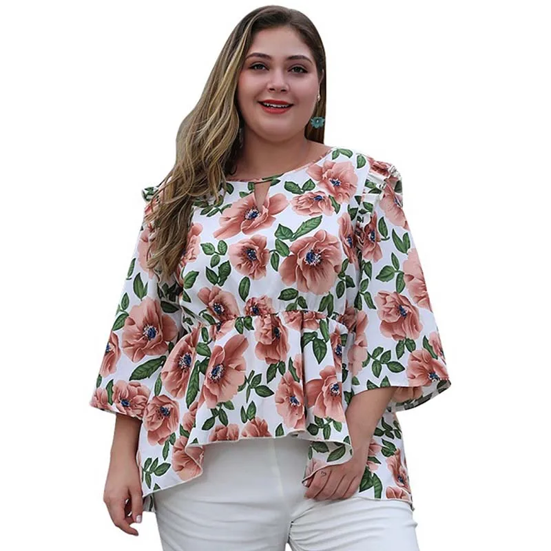 Женская футболка WHZHM с оборками и цветочным принтом размеры до 4XL|Футболки| |