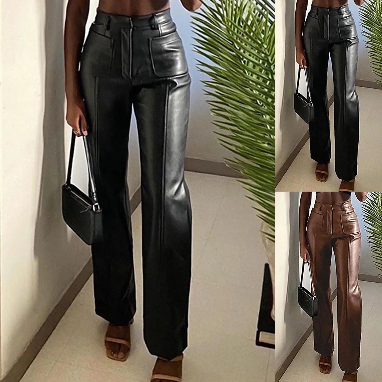 

Sexy Women Autumn Faux Leather Straight Pants High Waist Pocket Loose Trousers