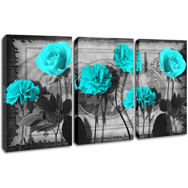 

Blue Flower Wall Art Poster Black World Map Canvas Prints Picture Rose Artwork Painting Stretched and Framed Home Walls Decor