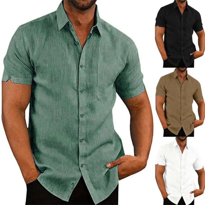 

2021 NEW Fashion Men's Summer Casual Dress Shirt Mens Button Down Short Sleeve Linen Shirts Fitness Male Solid Shirts Costume