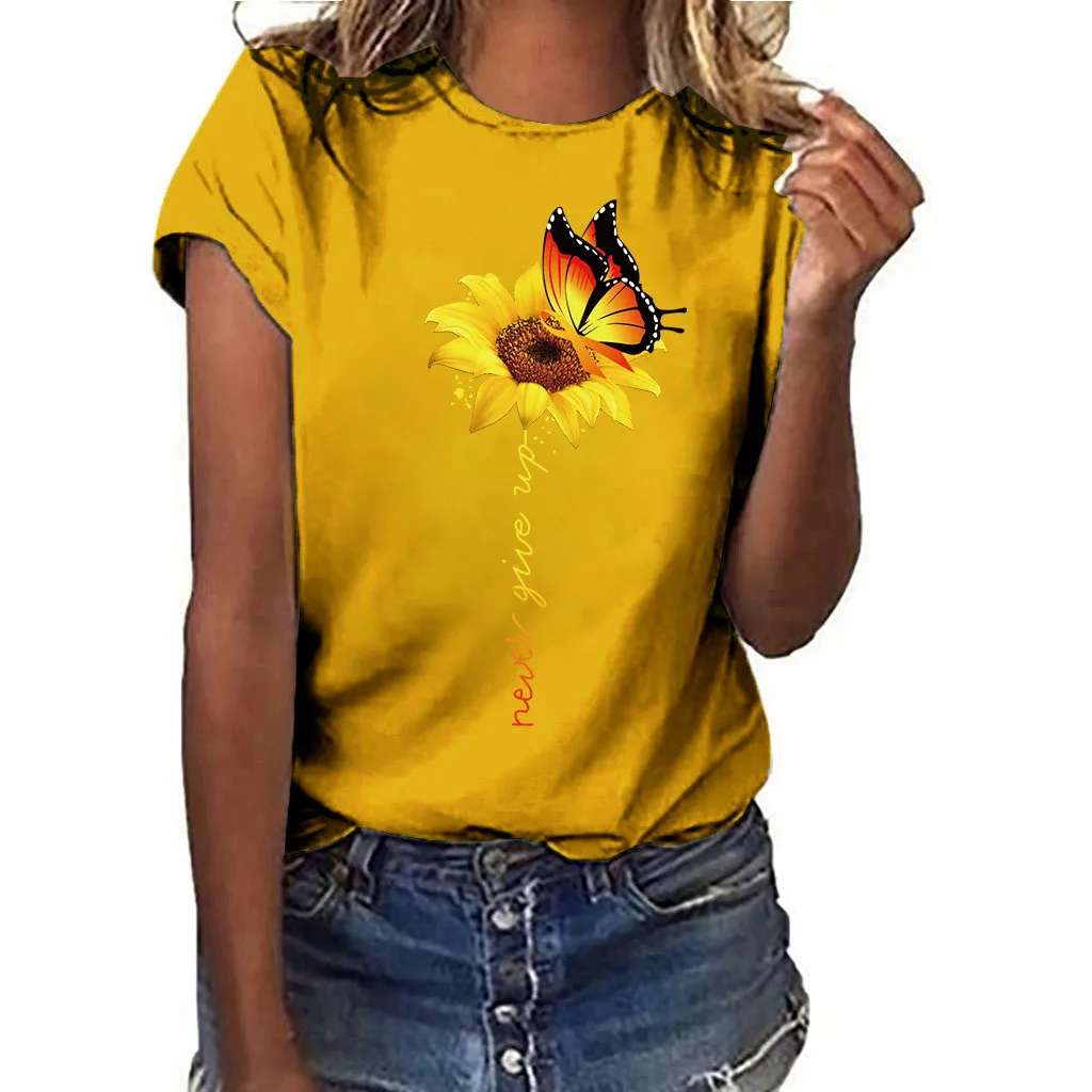 Блузка с подсолнухами женская одежда плюс размер с принтом подсолнуха футболка с короткими рукавами рубашка блузка Топы рубашка женская
