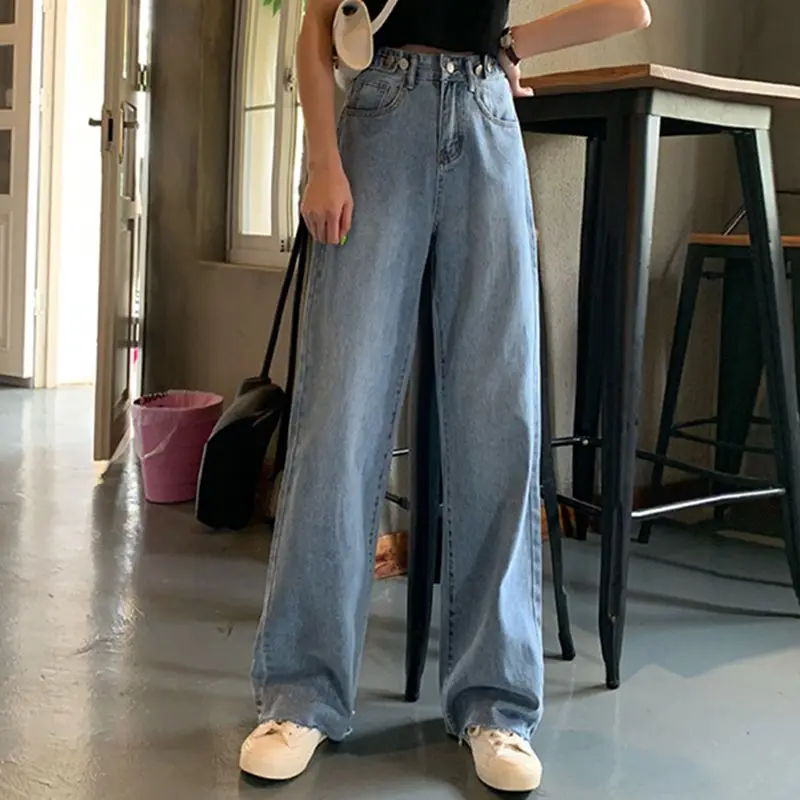 

2020 Summer High Waist Drop Jeans Fashion Casual Flat Loose Straight Pants Loose Wide Pants Pockets Light Blue 18-35 Years Old