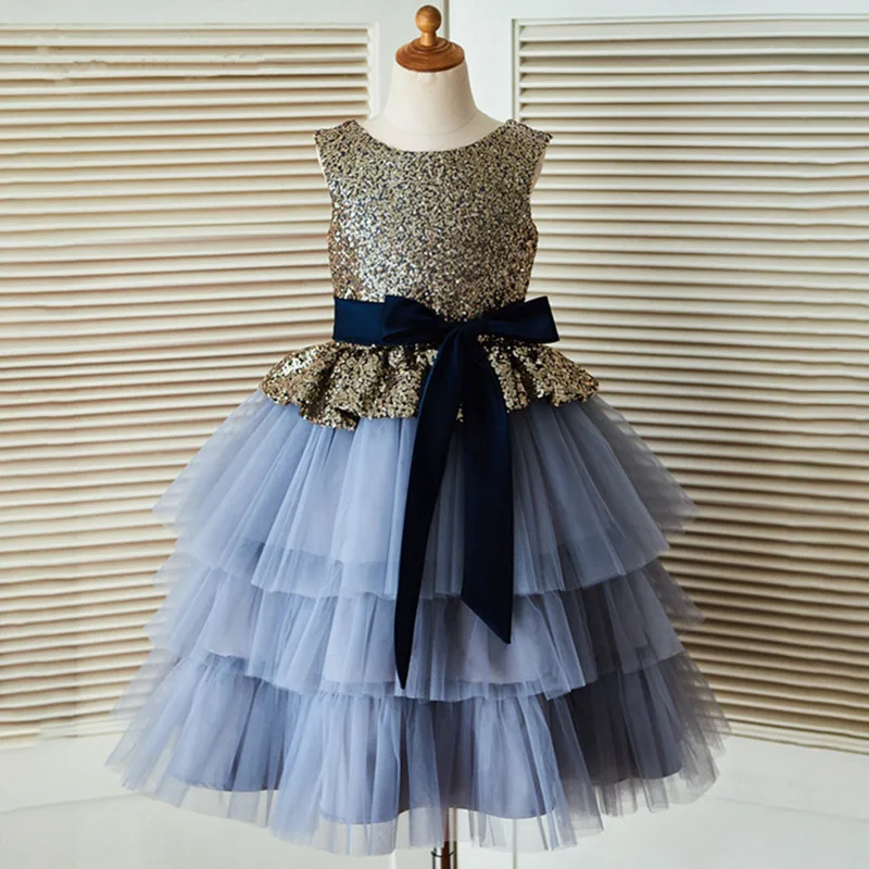 New Shiny Glitter Flower Girl Dresses with Ribbon Sequined Top Princess Birthday Party Dresses Ball Gown