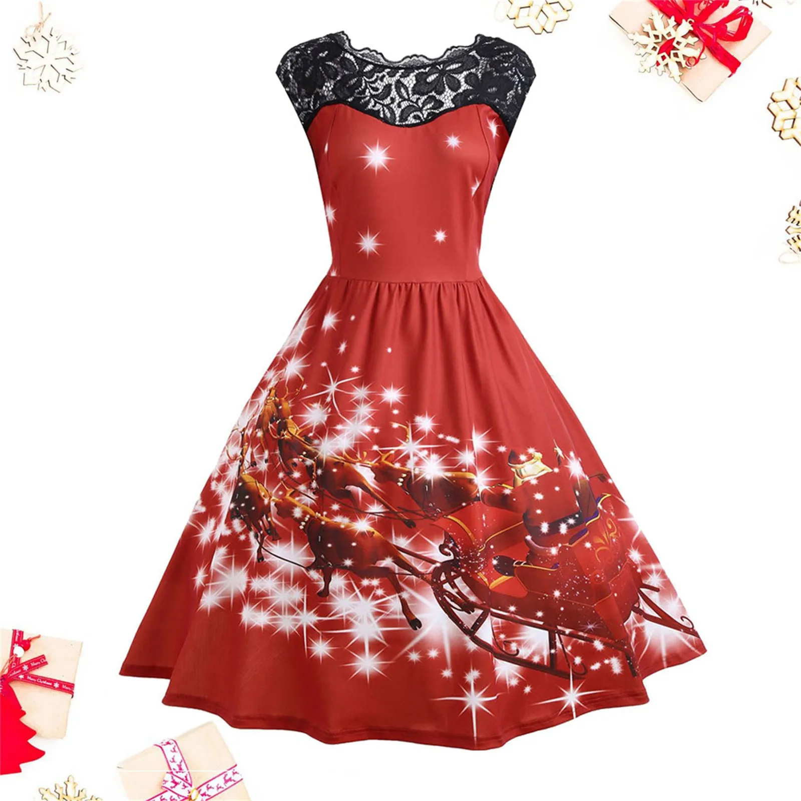 

Women's Winter Christmas Lace Party Dresses Sleeveless Evening Party Prom Dress O Neck Vintage Swing Dress Платье Женское