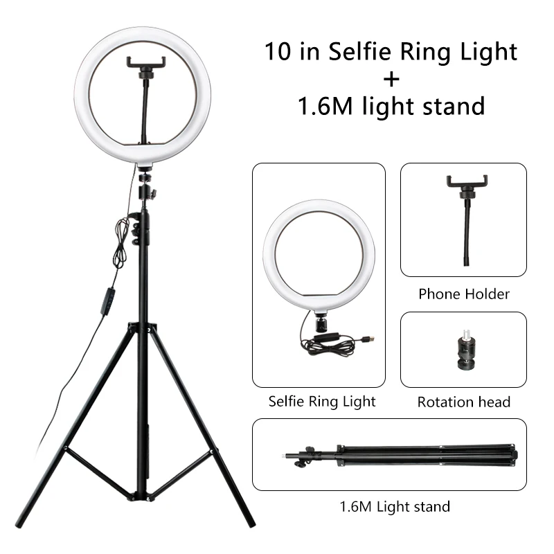 

10" Selfie Ring Light Video Live Light Dimmable LED 26cm Photography Light ring lamp with 2M tripod stand for Makeup Youtube
