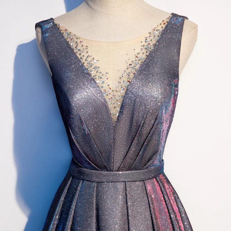 

2021 New Arrival Heavy Sparkle Evening Dress Long charming sleeveless V neck A line Formal party Dress with beading