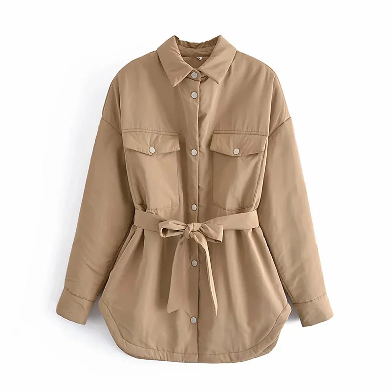 Za Women's Autumn Jacket With Belt Pocket Thin Parkas Khaki Female Winter Shirt Parka Coats Armygreen Oversized Winter Outwears
