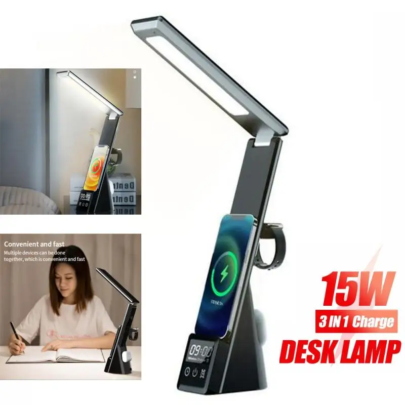 

Беспроводное зарядное устройство для IPhone, Samsung, Apple Watch, Airpods, 15 Вт, светодиодная настольная лампа с будильником и защитой глаз, настольная лам...