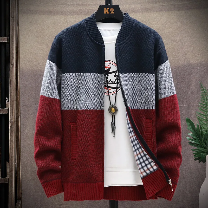 

QIWN 2021 Fall/Winter Warm Men's Jacket Fashion Men's Zipper Men's Knit Cardigan Color Block Jacket Plus Size Clothes