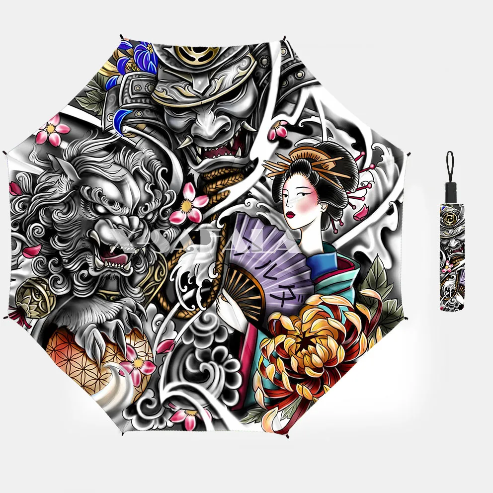 

Samurai Tattoo Art 3D Printed Umbrella Automatic Turn On/Off Three-Folding Rain Sunshade Windproof 12 Ribs-6