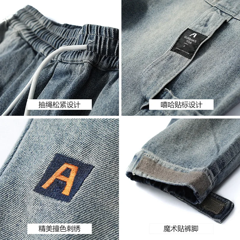 

Men Vintage Fashion Denim Joggers Pant Streetwear Hip Hop Cargo Pant Male Jeans Harem Trousers Blue Pocket 2020 WO127