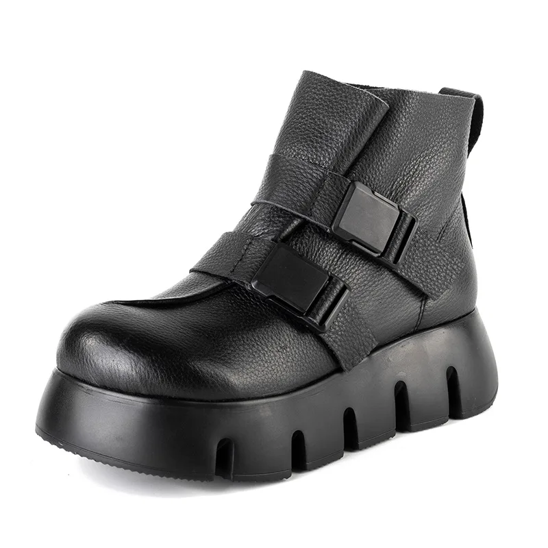 

YourSeason Winter Ladies Boots Genuine Leather 2021 Handmade Ankle Platform Women Buckle Strap Wedges Shoes Round Toe