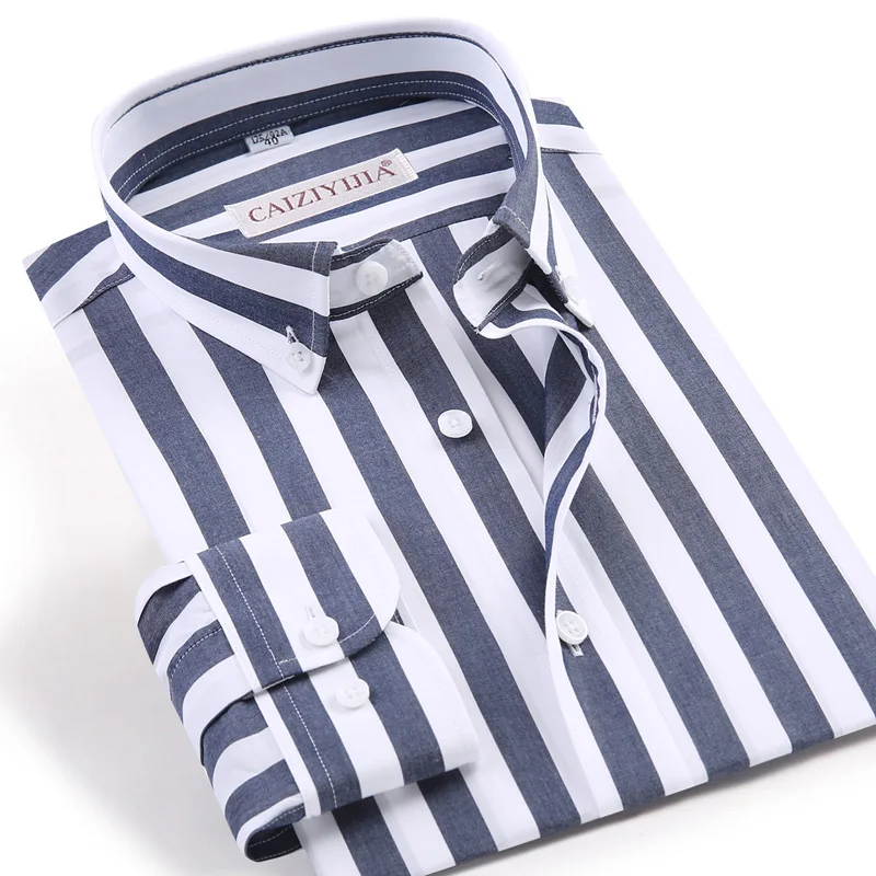 Men's Long Sleeve Standard-fit Blue/white Striped Dress Shirt Wrinkle-Free Casual Button Down Cotton Easy-care Shirts