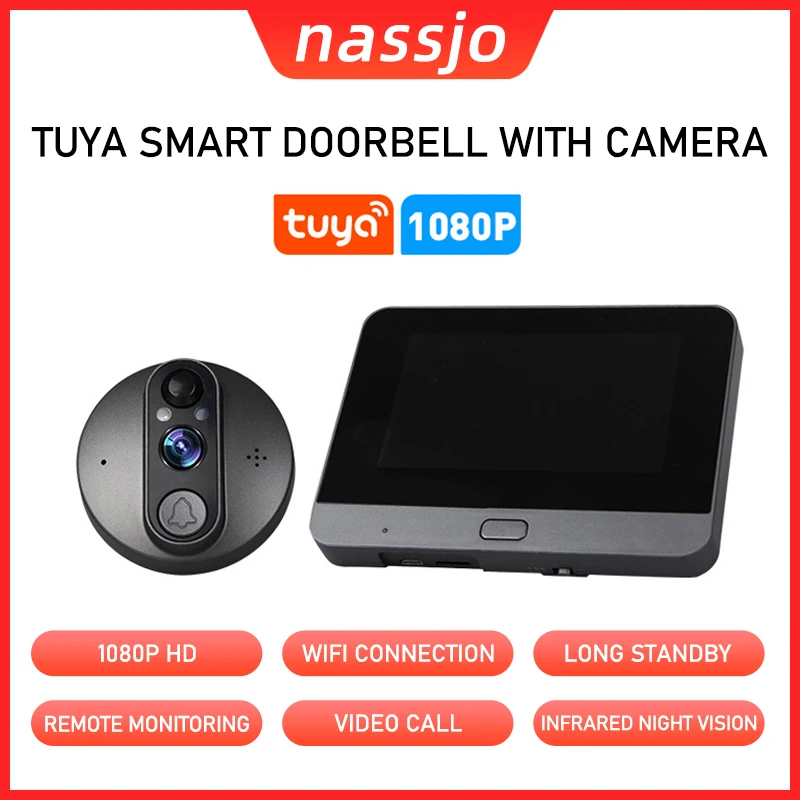 Nassjo Tuya APP Control Smart Video Doorbell Viewer Security Peephole Video Doorbell Electronic Cat Eyes Camera for Home