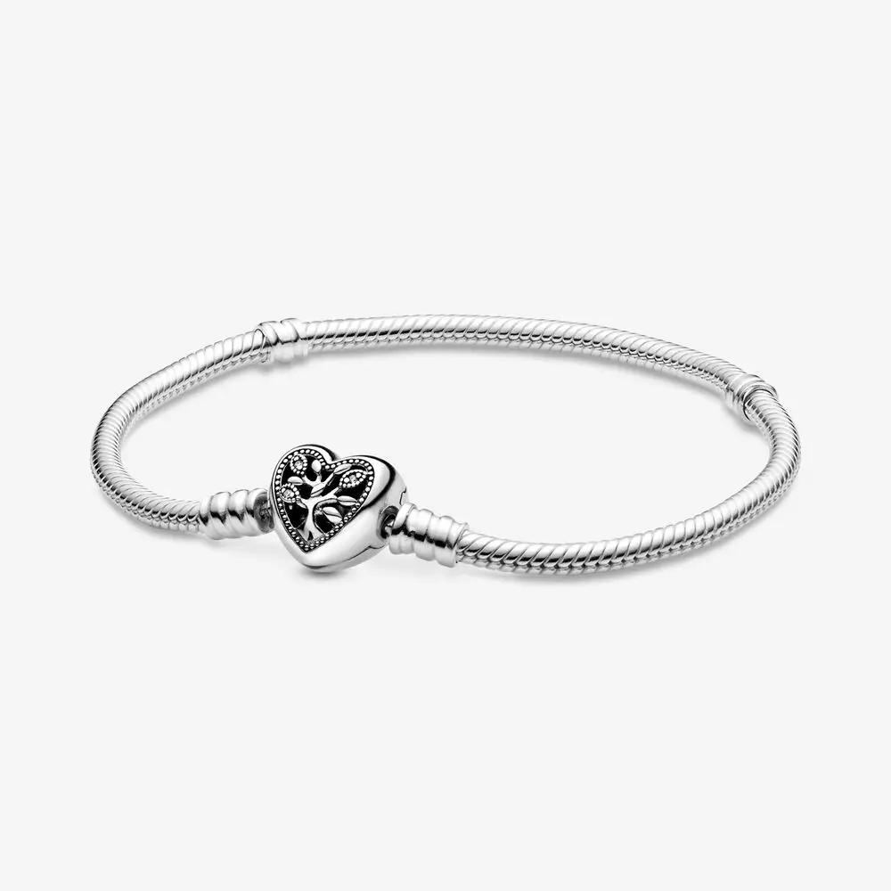 

New 925 Sterling Silver Moments Snake Chain Bracelet with Family Tree Heart Clasp Charm Bracelet Fit pan Bracelet DIY Jewelry