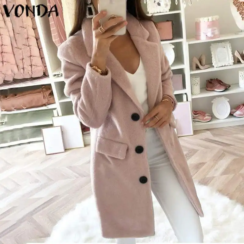 

Зимние элегантные пальто VONDA 2022 женские шерстяные теплые пальто уличная одежда повседневные Длинные куртки на пуговицах с карманами пальто