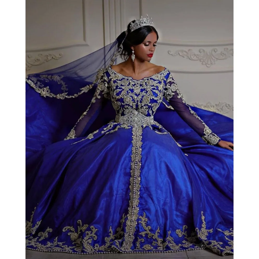 

robe de soirée de mariage Royal Blue Evening Dresses Formal Gown With Veil Appliques Beads See Thru Sleeve vestido de festa