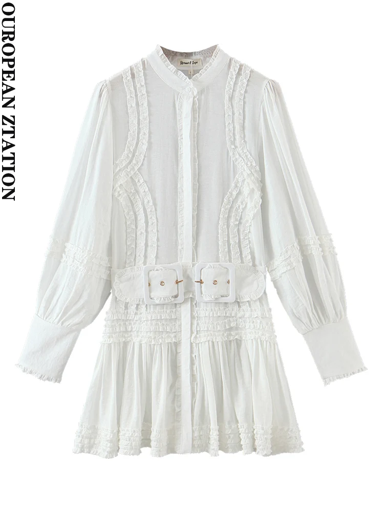 

Женское однобортное мини-платье za, винтажное платье с рукавами-фонариками, поясом и пряжкой, 2021