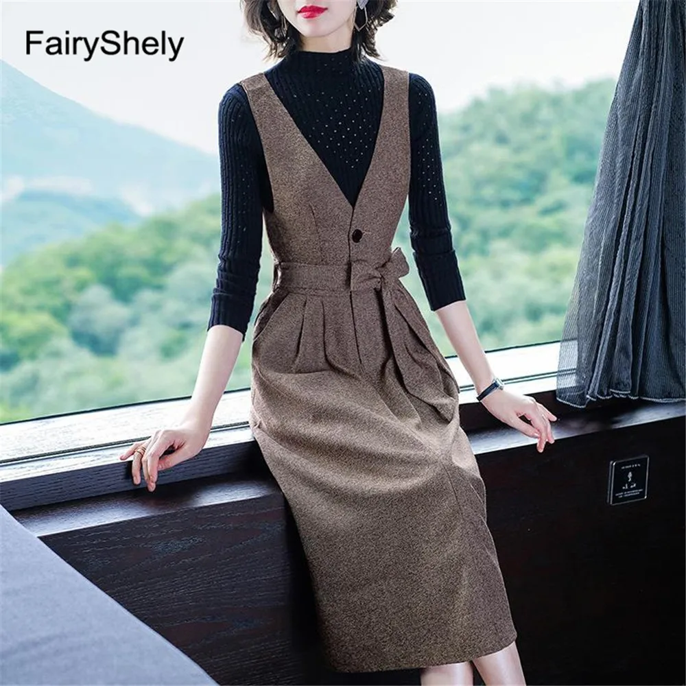 

FariyShely Woolen Dress Suit Women 2021 Autumn Winter Retro Kniit Pullover Deep V Long Sleeve Dress Elegant Two Piece Set Belt
