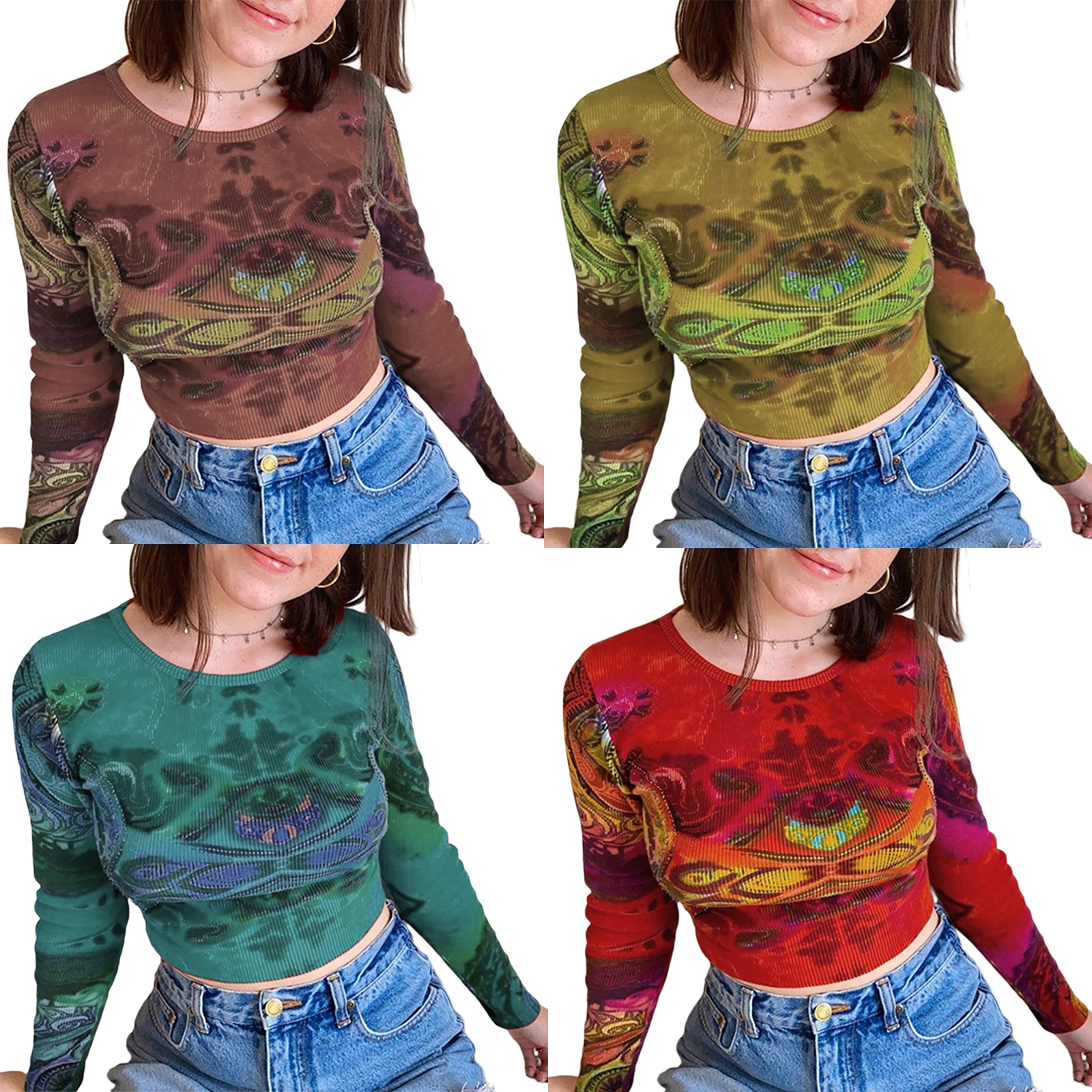 

Women Sexy Crop Tops Autumn Casual Polyester Adults Printed Long Sleeve Round Neck Pullover T-shirts