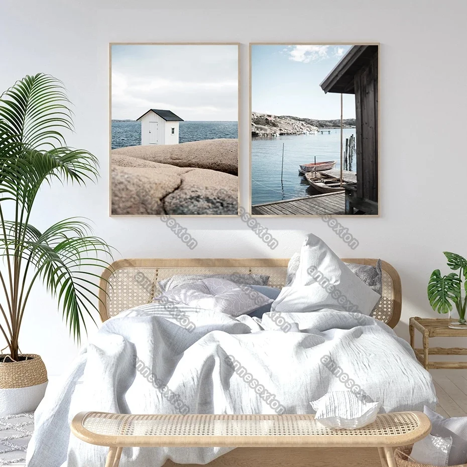 

Modern Style Canvas Painting Poster and Prints Peaceful Seaside Scenery Houses Beach and Ship for Home Rooms Wall Decoration
