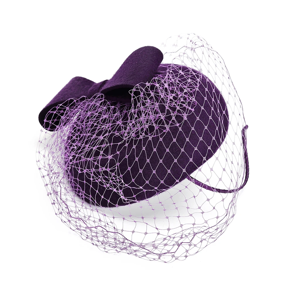 Федора Хэтс пурпл фасцинатор для женщин элегантная церковная шерсть с вуалью и бантом головной убор подарки на день рождения свадебные модные пиллбокс-кепки.