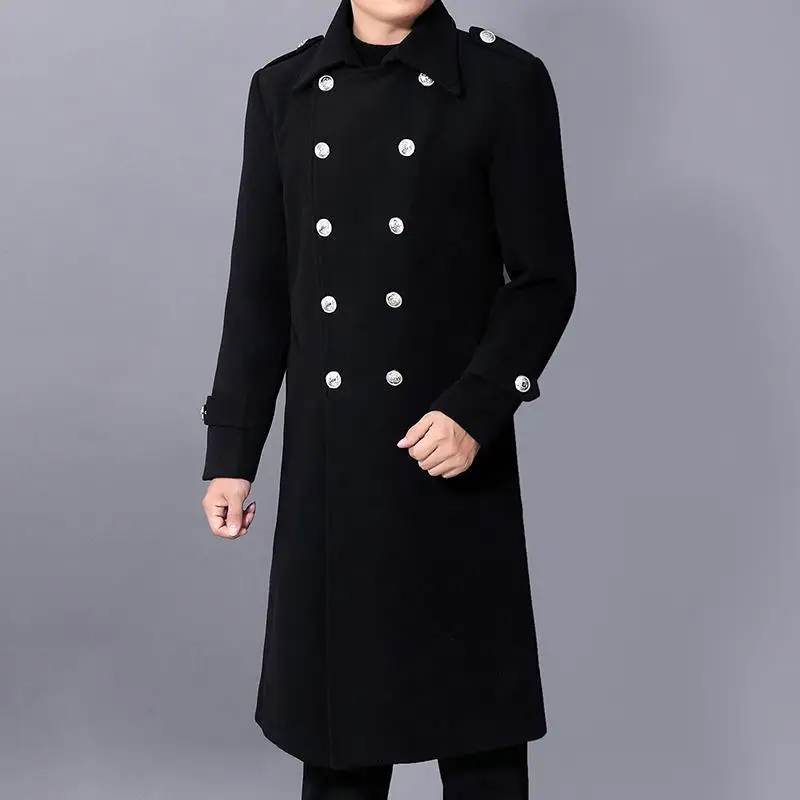 

Длинное пальто для мужчин, зимний теплый Тренч, пальто из шерстяной ткани, мужские двубортные приталенные повседневные куртки, однотонная д...