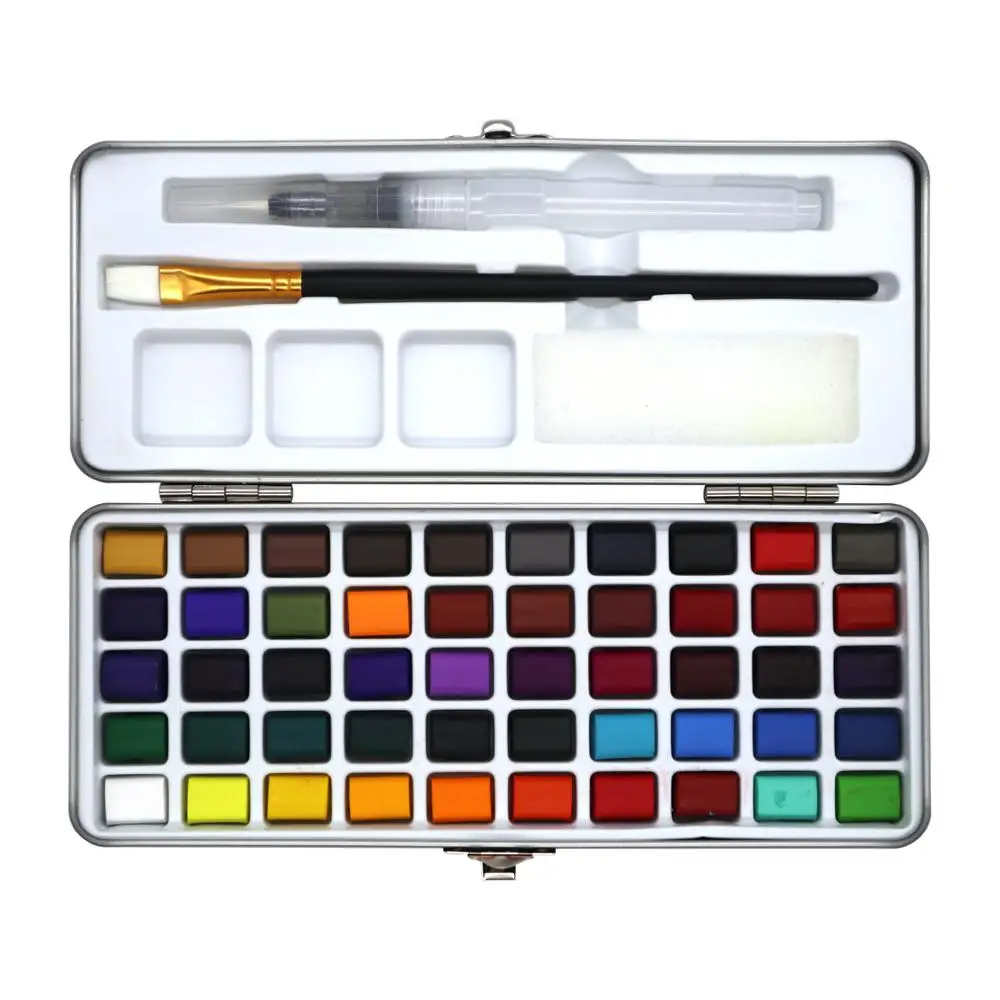 SeamiArt 50Color Solid Watercolor Paint Set Portable Metal Box Watercolor Pigment for Beginner Drawing Watercolor Paper Supplies
