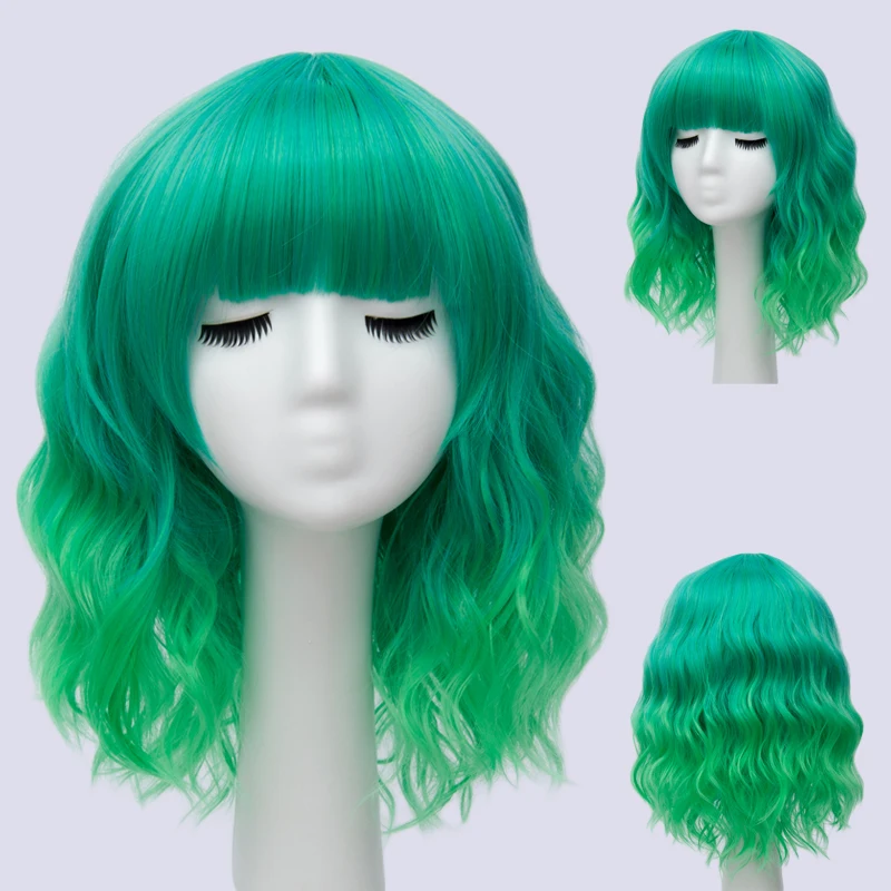 GAKA Synthetic Hair Women's Short Curly Green Purple Cosplay Wig with Bangs Heat-resistant Wig