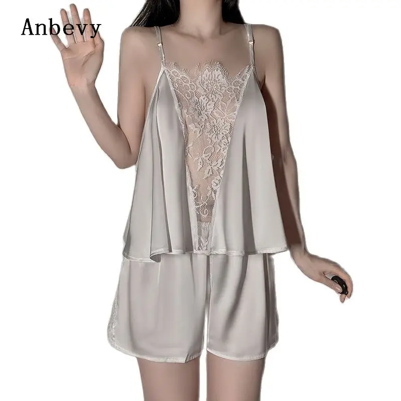 

Spring Summer Women'S Pyjama New Sling Sexy Deep V Satin Lace Suspender Femme Shorts And Top Solid Color Home Suit Pajama Set