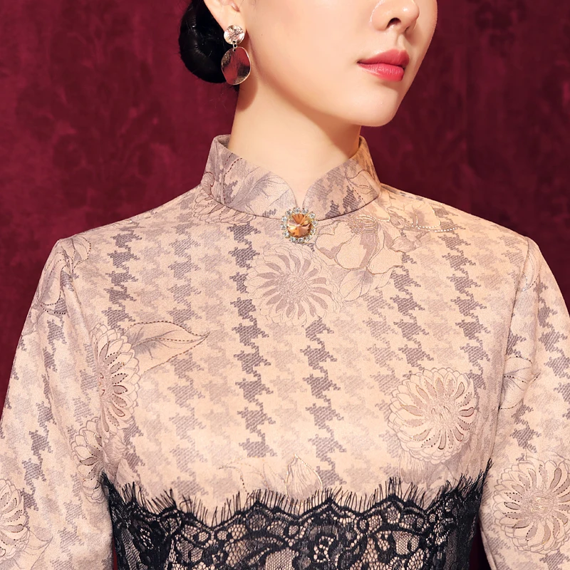 

Chinese Traditional Cheongsam suede lace Qipao wedding party Dress For Women