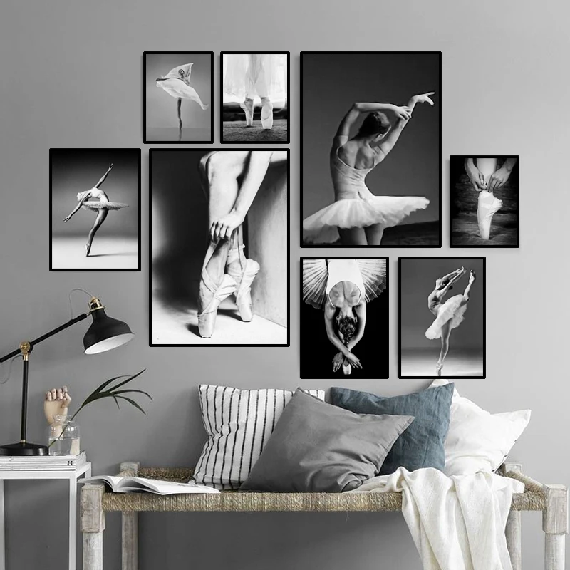 Черный и белый элегантный балетный танец холст печать плакатов фото Nordic Стиль