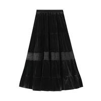 lengthen retro lace velvet women skirt sweet layered skirt midi long pleated skirt vintage tiered a line skirt limit quantity