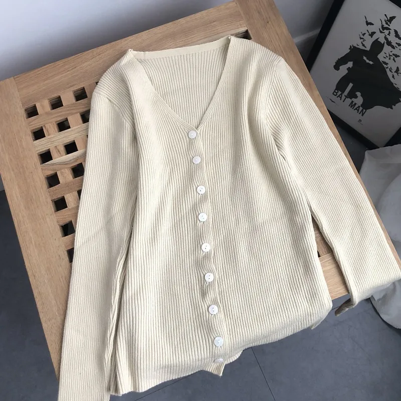 

Casual Wild Sweater for Women Autumn Winter Korean Sweet Color V-neck Long-sleeved Solid Color Sweater Slim Button Knit Cardigan