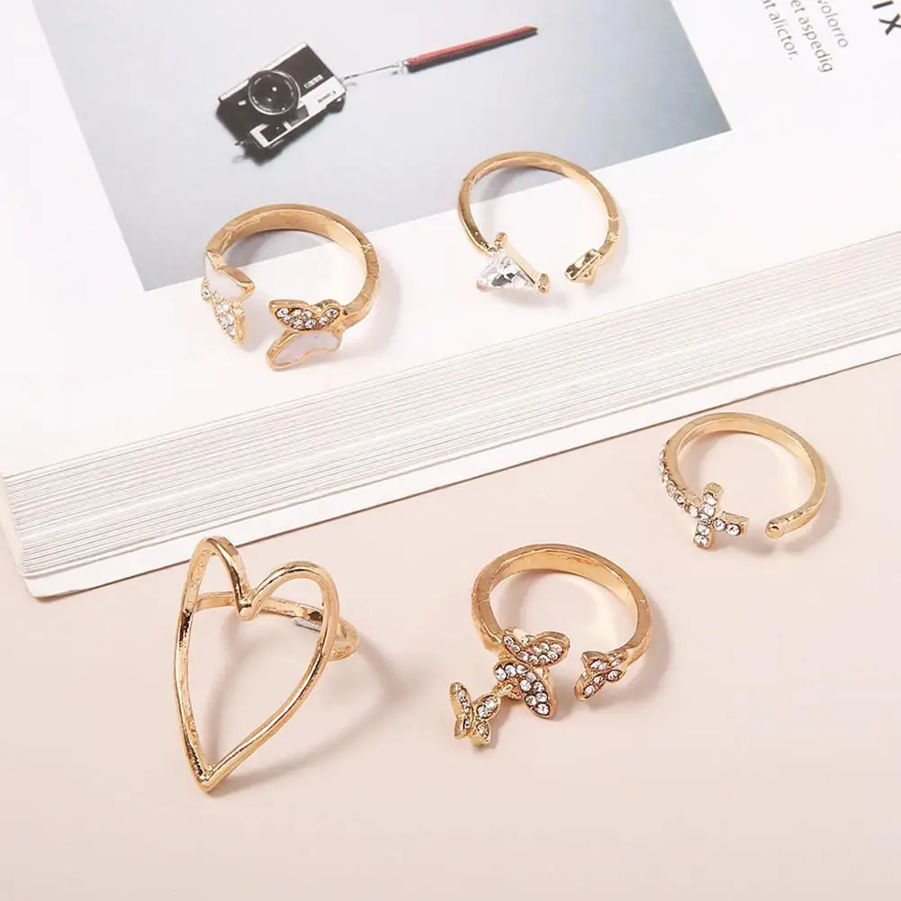 5pcs/set Of Cross Triangle Love Heart Hollow Crystal Drip Oil Butterfly Ring Joint Punk Gothic Rings For Women Jewelry | Украшения и