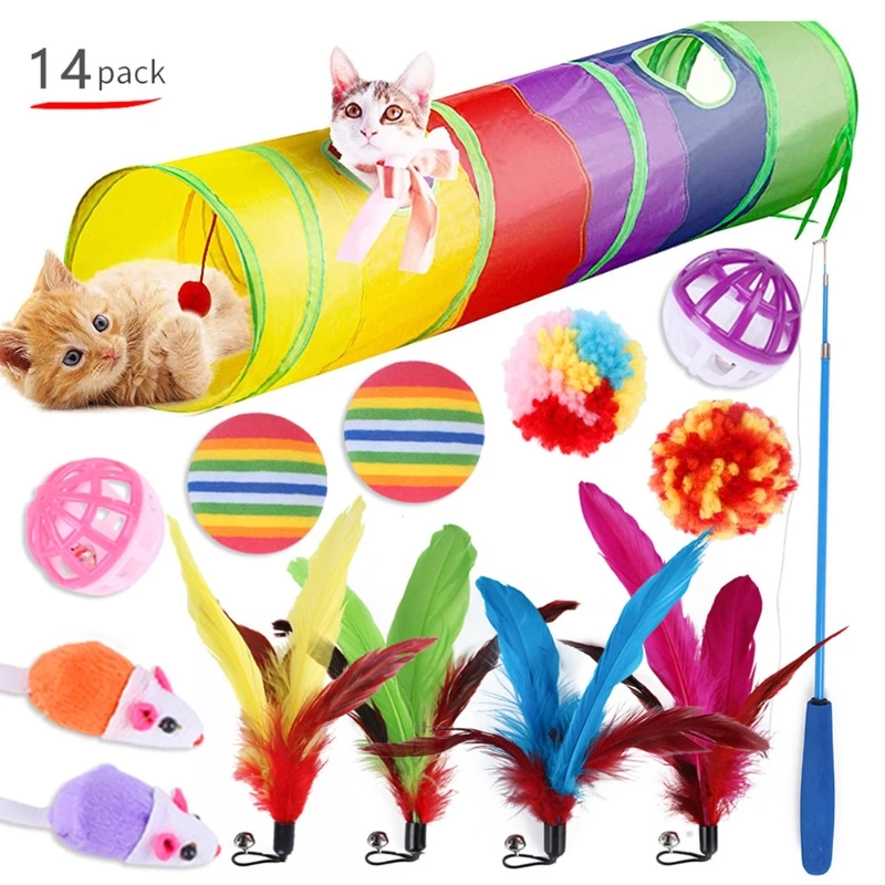 

14 шт. кошка игрушки детской одежды в цветах радуги 2 Way туннель Котенок игрушки ассортимент Интерактивная палочка со звоночком пушистые игру...
