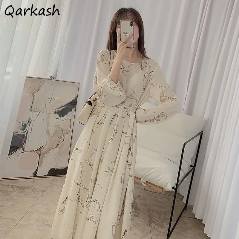 

Long Sleeve Dress Women Pleated Vintage Tender Fashion Print Autumn O-neck Simple Sweet College Leisure Popular Female Vestidos