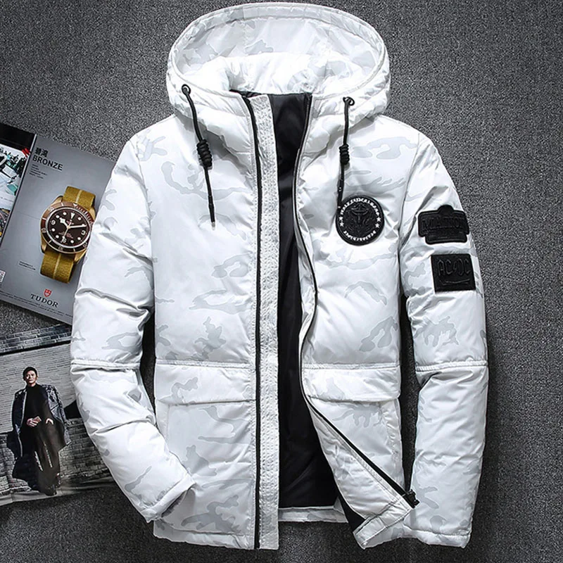 Мужское уличное зимнее пальто на белом утином пуху утепленные ветрозащитные