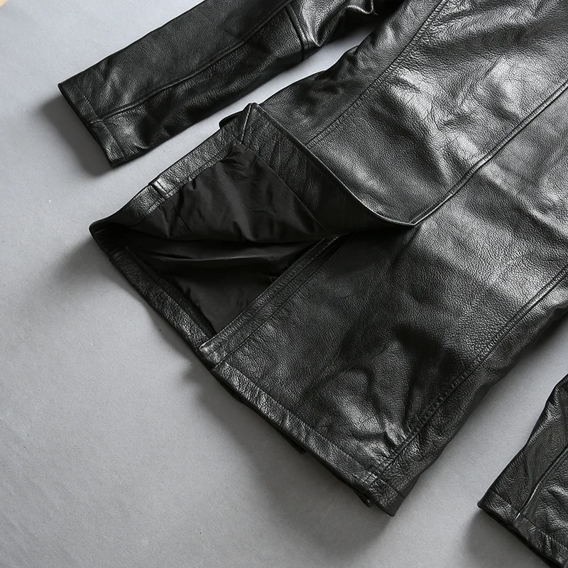 

Factory 2020 AVFLY Men Business Casual Genuine Leatehr Jacket Fashion Double breasted Black Long Style Jacket Winter Coats