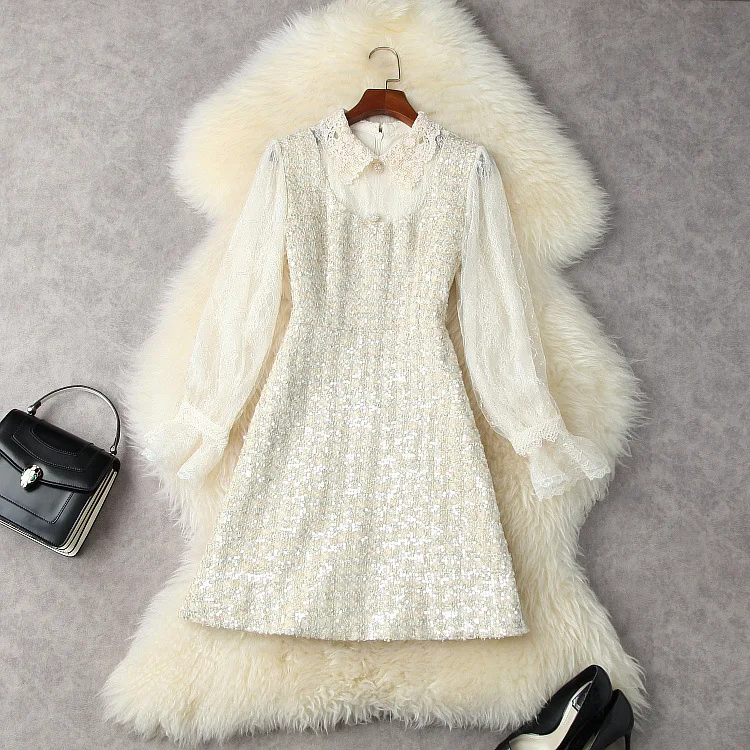 

European and American women's clothing winter 2022 new Lace long-sleeve embroidered lapel collar Patchwork sequined tweed dress