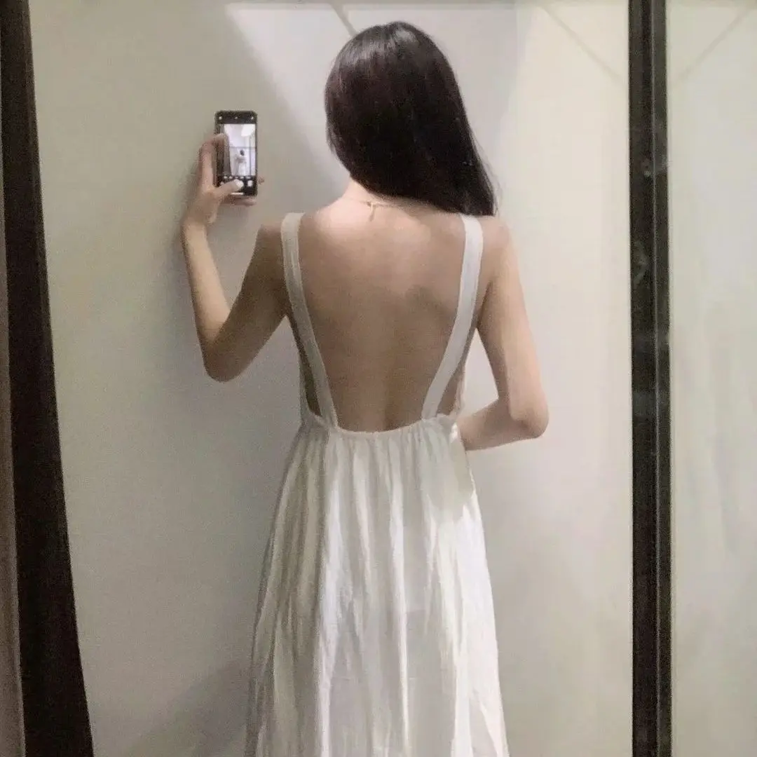 

KRSB Summer Women's White Long Dress Suspenders Beautiful Back Waist A-Line Layered Stitching Holiday Leisure Style