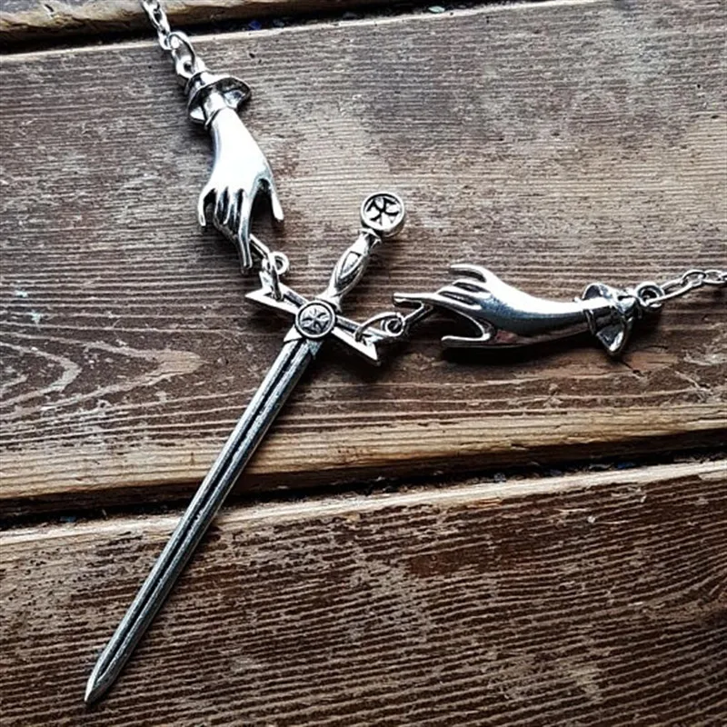 Sword hand Necklace Silver Color pendant Gothic jewelry Dark dagger men women gift statement satanic 2020 new long fashion