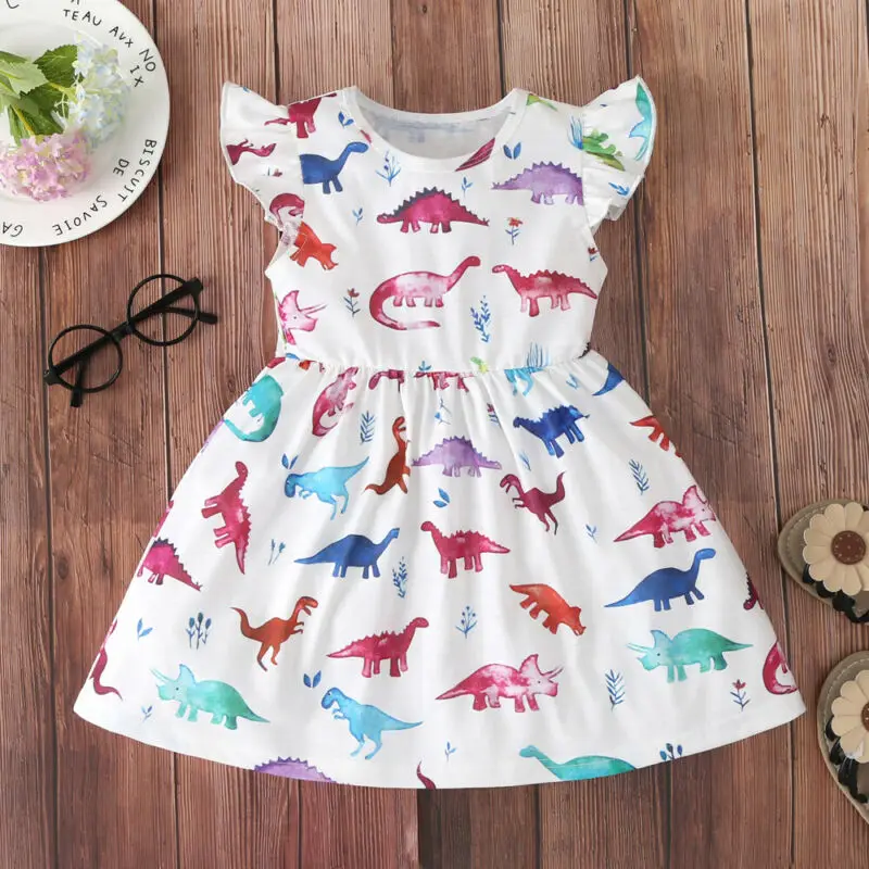 

New 1-6Y Baby Kid Dinosaur Dress Summer Girls Ruffles Cartoon A line Dress For Girl Children Casual Clothing Kids Costumes