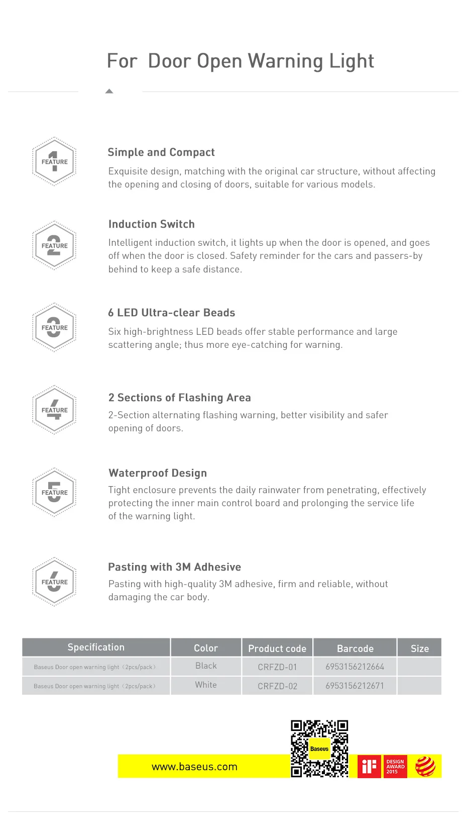 Baseus Auto Deur открытие Waarschuwingslampjes Водонепроницаемый 6 светодиодный Veiligheid Waarschuwen Licht Knipperende Авто Открытый стикер