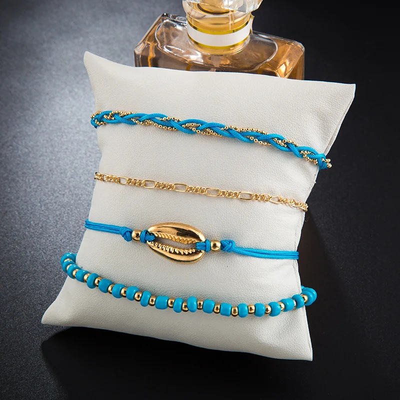 Набор многослойных плетеных женских браслетов с бусинами 4 шт.|Анклеты| |