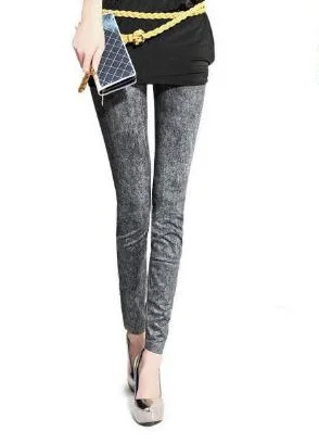 

Women Fitness Leggins Cheap New Slim False Imitation Jeans Denim Leggings Autumn Thin Fleece Leggings Nine Blue Black