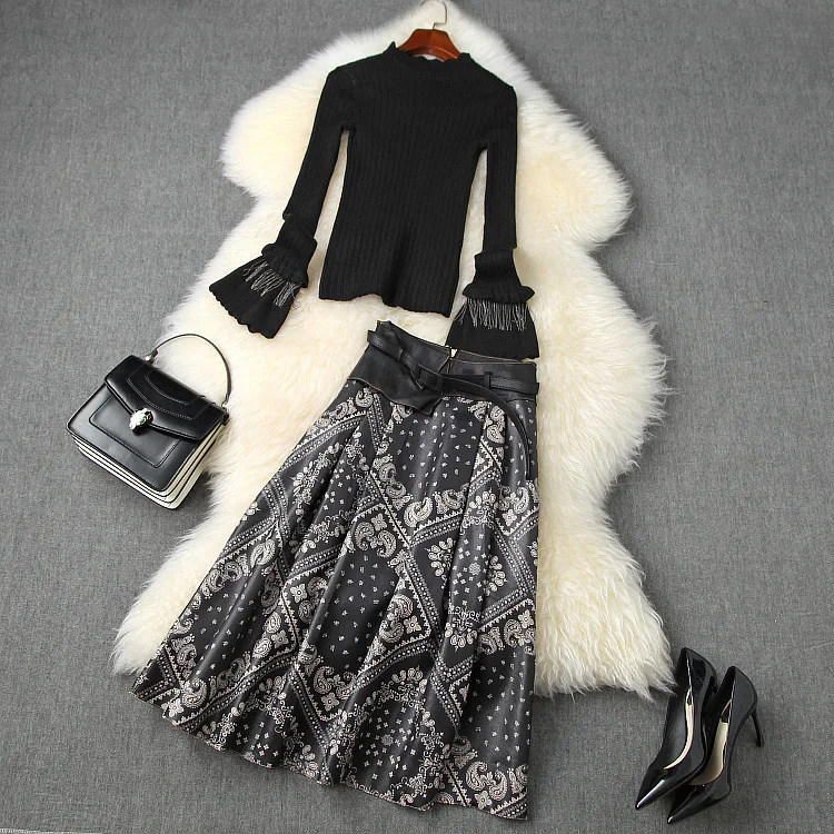 women's European and American clothing 2021 autumn new style Long-sleeved knit sweater Heart-print skirt Fashion suits